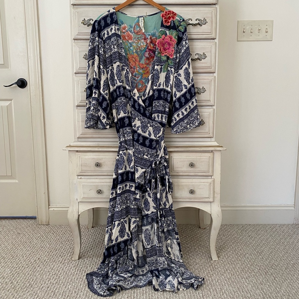 Aratta Silent Journey Floral Embroidered Wrap Maxi Dress XL